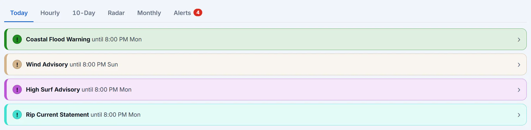The alert banners at the top of a place's page: one coloured bar for each alert in effect, with the kind of alert and how long it lasts, and a tab count on Alerts
